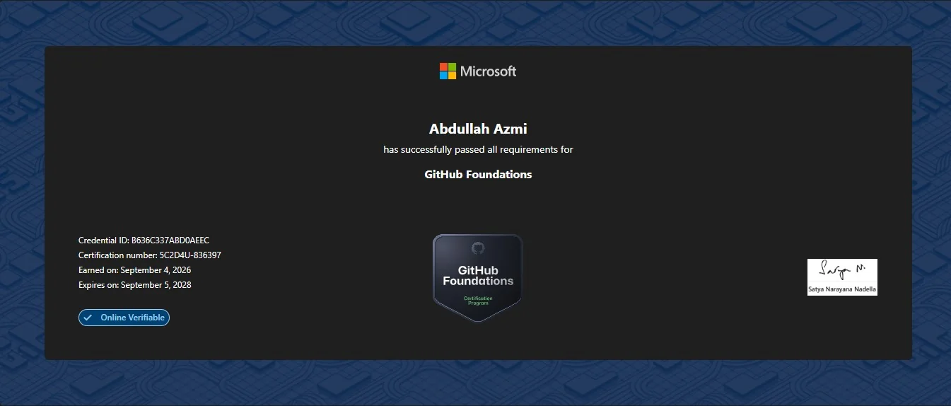 GH-900 GitHub Foundations Certificate issued to Abdullah Azmi
